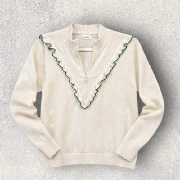 Tory Burch Women’s Cashmere Ruffle Trim Half-Zip Pullover Sweater New Ivory L - Picture 2 of 9